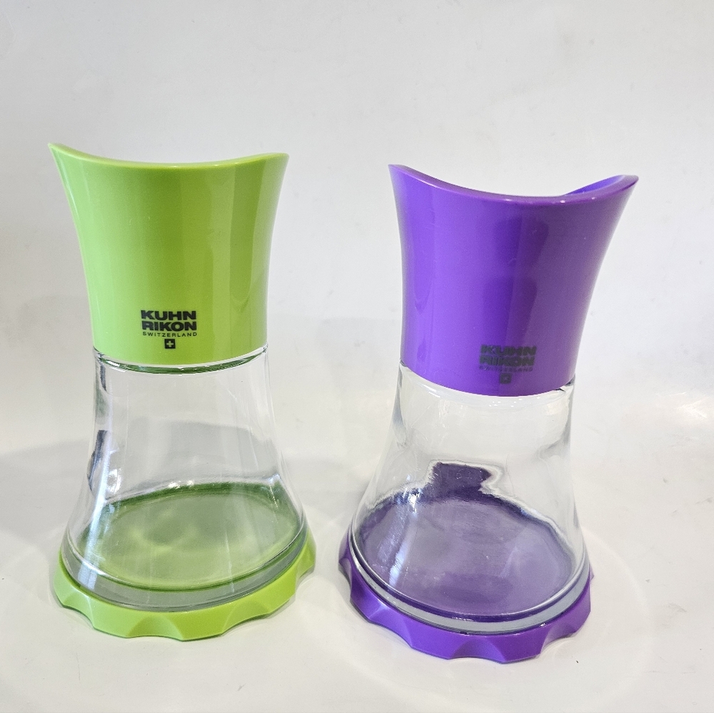 Kuhn Rikon Switzerland Salt Pepper Vase Grinders Mill Retro Glass Green Purple